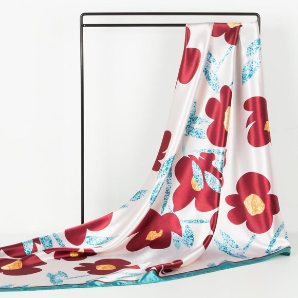 Women's Wine Red Head Scarf Like Silk Printed Square Hair Bandanas 35 Inches - Picture 5 of 7